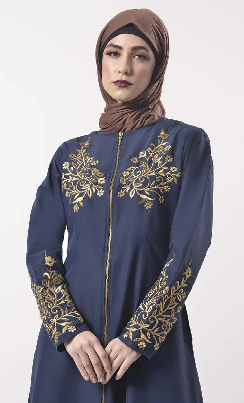 Modest Classic Navy Applique Work Full Length Zipper Abaya  With Pockets