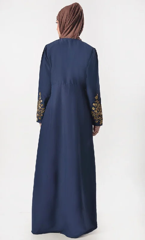 Modest Classic Navy Applique Work Full Length Zipper Abaya  With Pockets