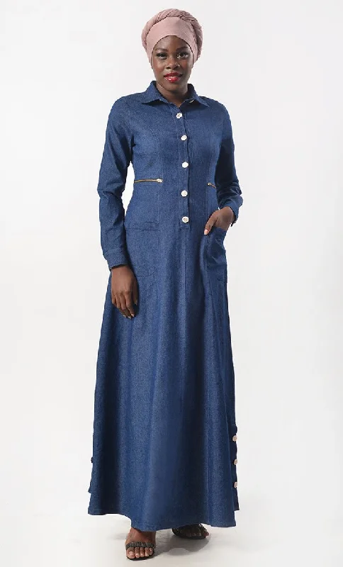 Modest Denim Buttons Detailing Abaya  With Pockets