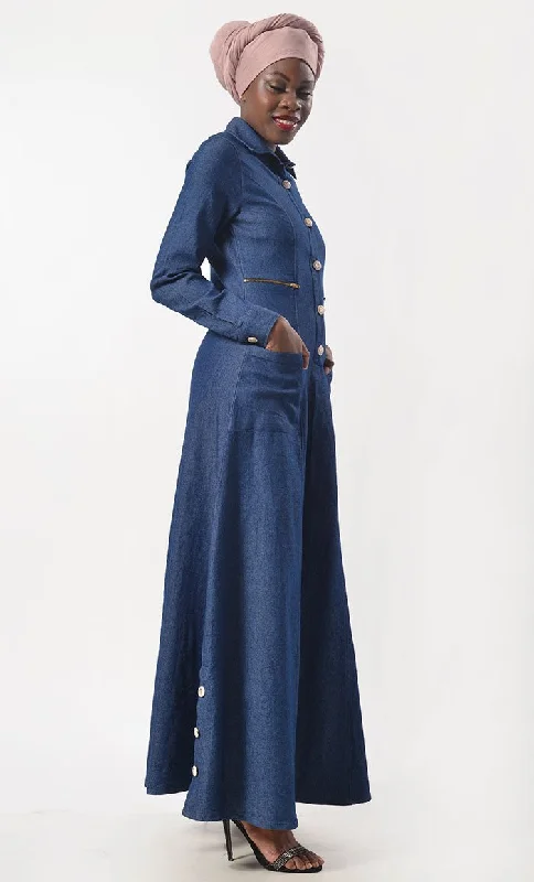 Modest Denim Buttons Detailing Abaya  With Pockets