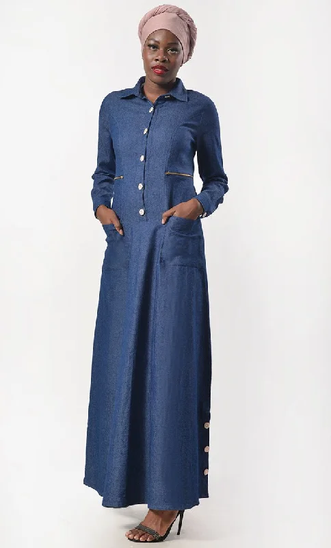 Modest Denim Buttons Detailing Abaya  With Pockets