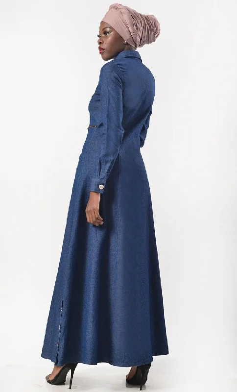 Modest Denim Buttons Detailing Abaya  With Pockets