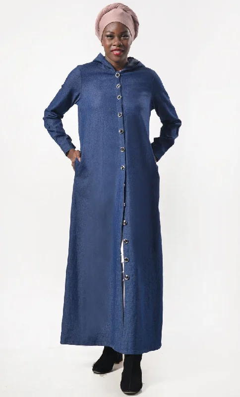 Modest Denim Buttons Down Abaya  With Pockets