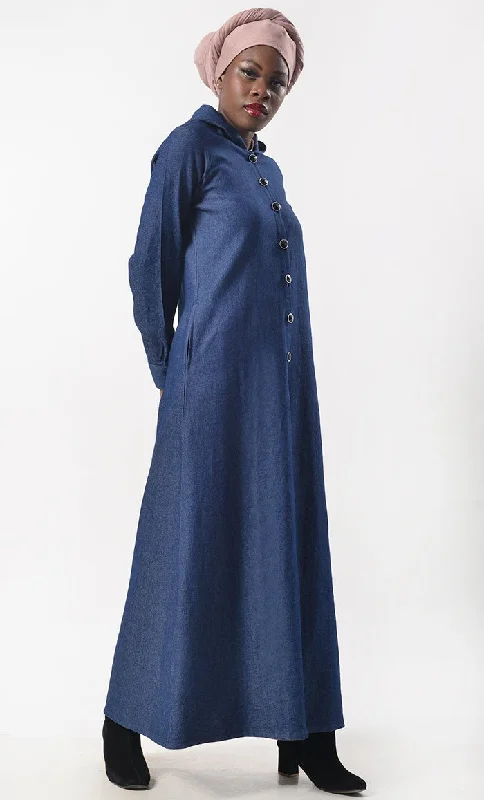 Modest Denim Buttons Down Abaya  With Pockets