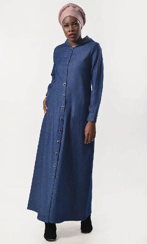 Modest Denim Buttons Down Abaya  With Pockets