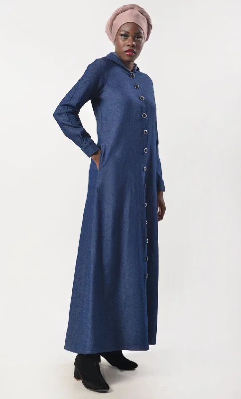 Modest Denim Buttons Down Abaya  With Pockets