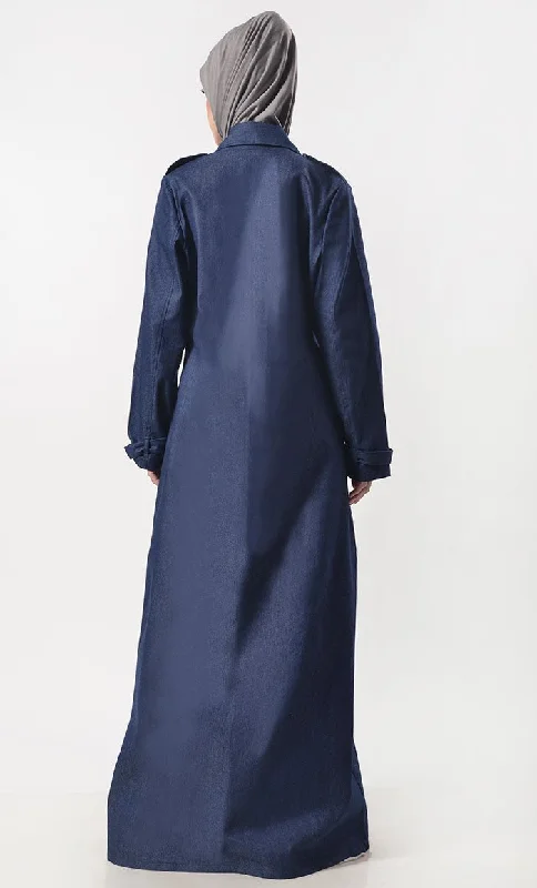 Modest Denim Overlap Style Abaya With Pockets