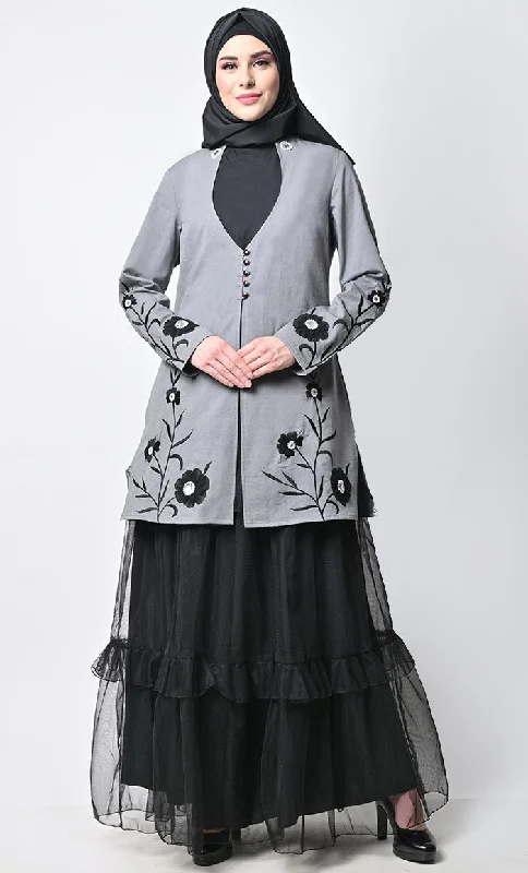 Modest Graceful 2Piece Floral  Embroidered Jacket With Tiered Abaya