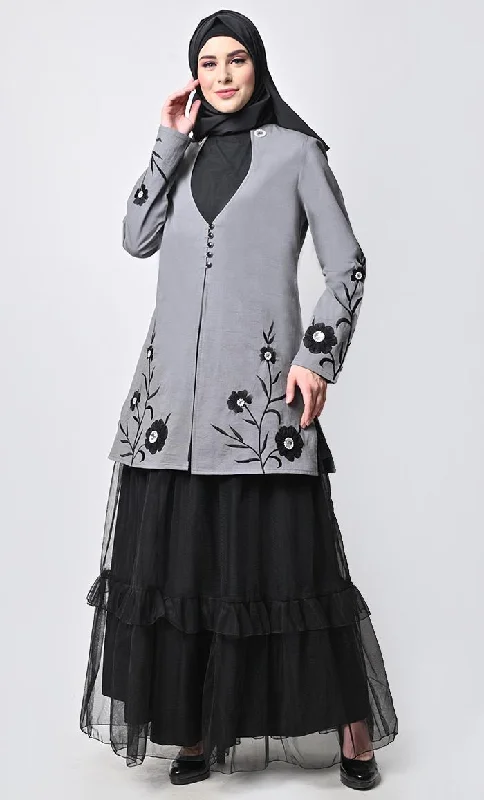 Modest Graceful 2Piece Floral  Embroidered Jacket With Tiered Abaya