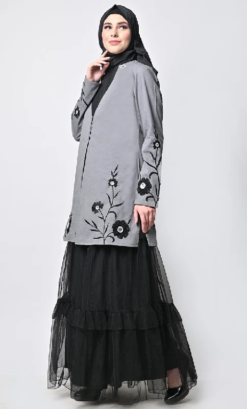 Modest Graceful 2Piece Floral  Embroidered Jacket With Tiered Abaya