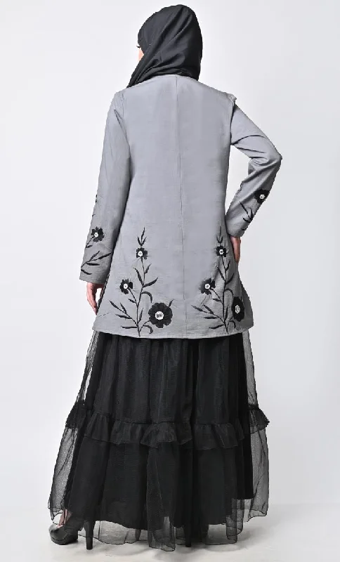 Modest Graceful 2Piece Floral  Embroidered Jacket With Tiered Abaya