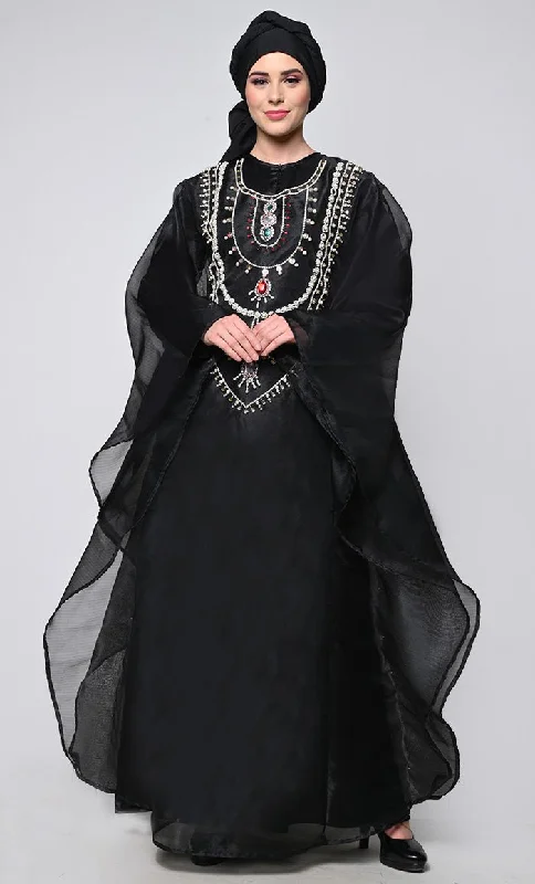 Ornated Full Heavy Hand Work Black Kaftan Style  Abaya