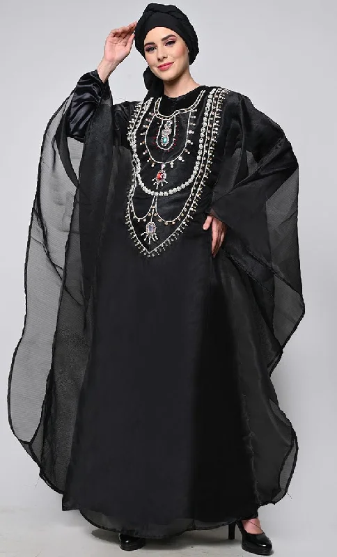 Ornated Full Heavy Hand Work Black Kaftan Style  Abaya