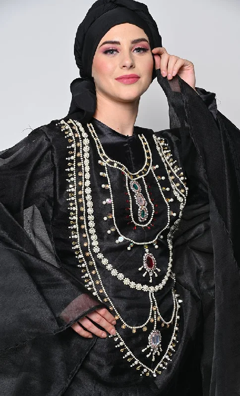 Ornated Full Heavy Hand Work Black Kaftan Style  Abaya