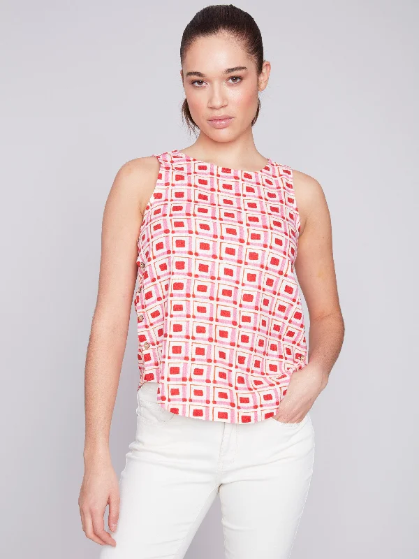 Printed Sleeveless Top with Side Buttons - Cherry