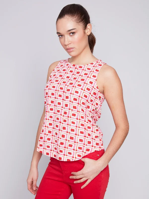 Printed Sleeveless Top with Side Buttons - Cherry