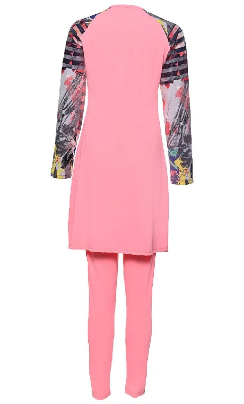 Printed Swimwear Pink Burkini Set Of Top Bottom And Cap