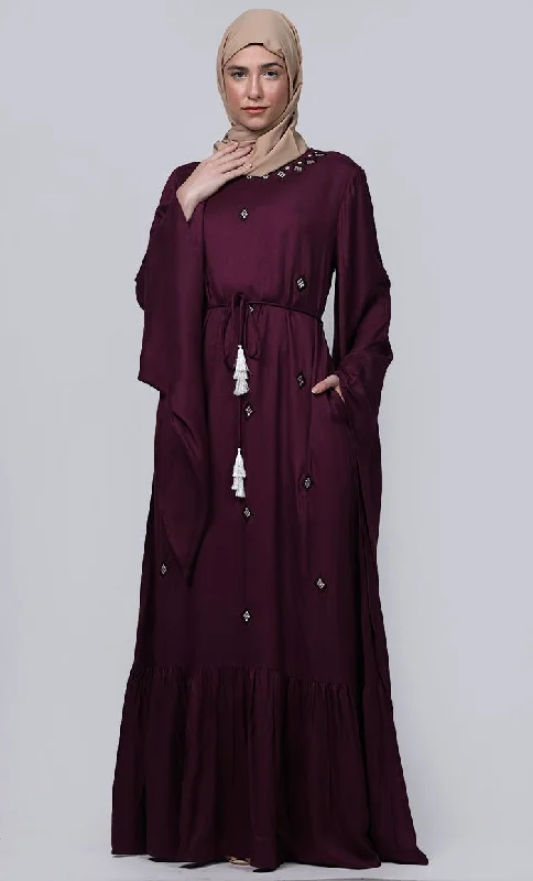 Ramadan Special Beautiful Embroidered Wine Abaya With Loose Belt