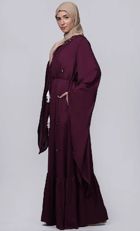 Ramadan Special Beautiful Embroidered Wine Abaya With Loose Belt