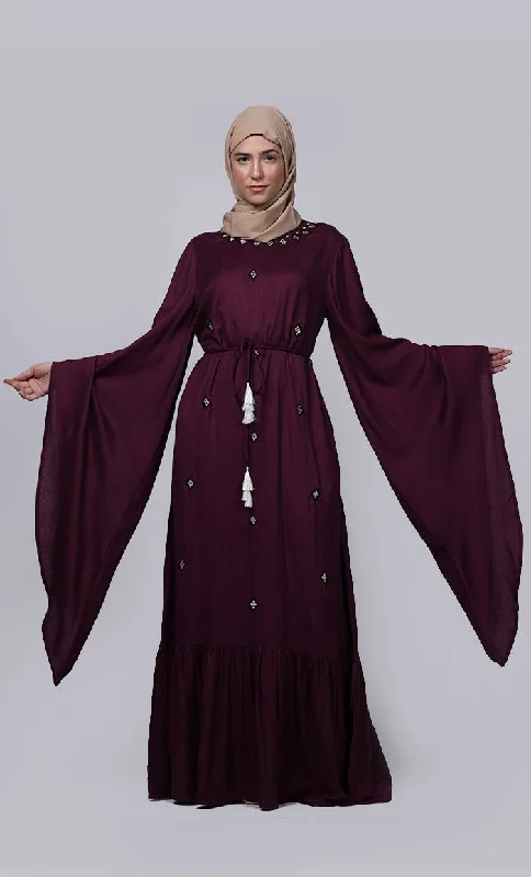 Ramadan Special Beautiful Embroidered Wine Abaya With Loose Belt