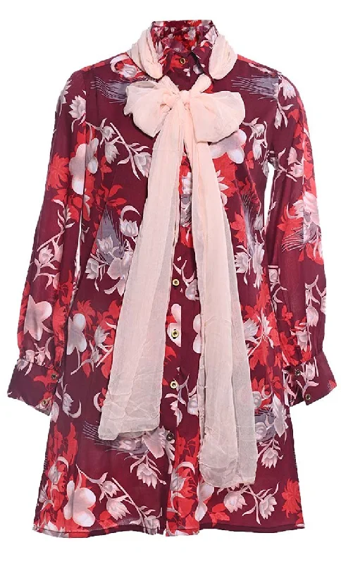 Red Comfortable Floral  Printed  Tunic With Free Multi Purpose Scarf