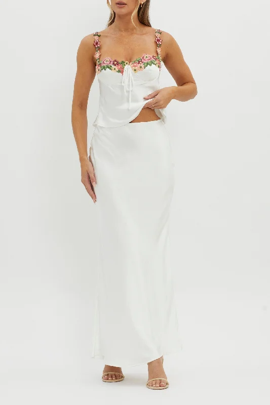 Rose Garden Satin Maxi Skirt White