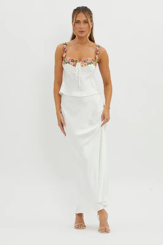 Rose Garden Satin Maxi Skirt White