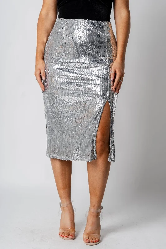 Sequin side slit midi skirt silver