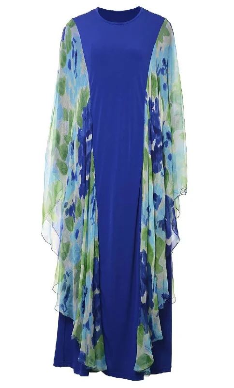 Soft And Comfortable Thl Blue Abaya With Printed Chiffon Bat Wings Detailing