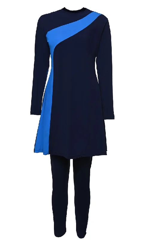 Solid Swimwear Navy With Bright Blue Stripe Burkini Set Of Top Bottom