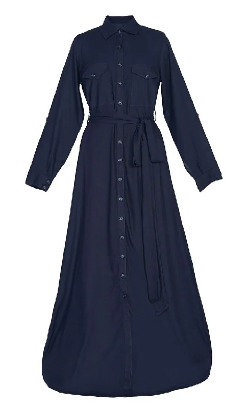 Stylish Soft Rayon Button Down Abaya With Pockets And Loose Belt