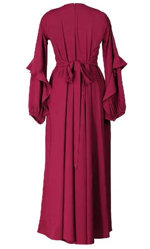 Super Maroon Ruffel Detailing Abaya With Pockets