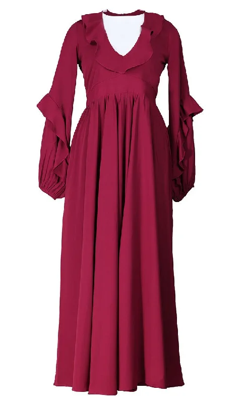 Super Maroon Ruffel Detailing Abaya With Pockets