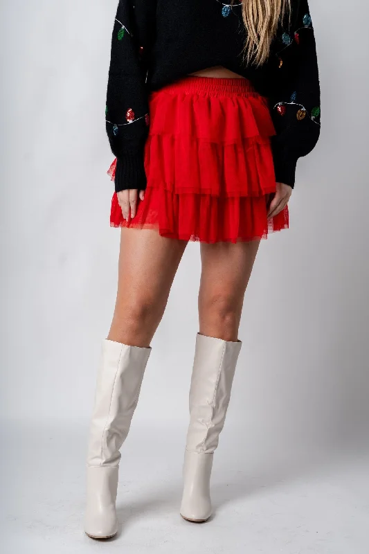 Tiered ruffle mini skirt red