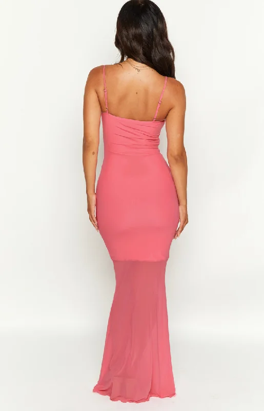 Veronica Pink Mesh Ruched Maxi Dress