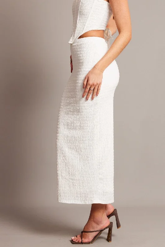 White Midi Skirt High Rise Textured Jersey