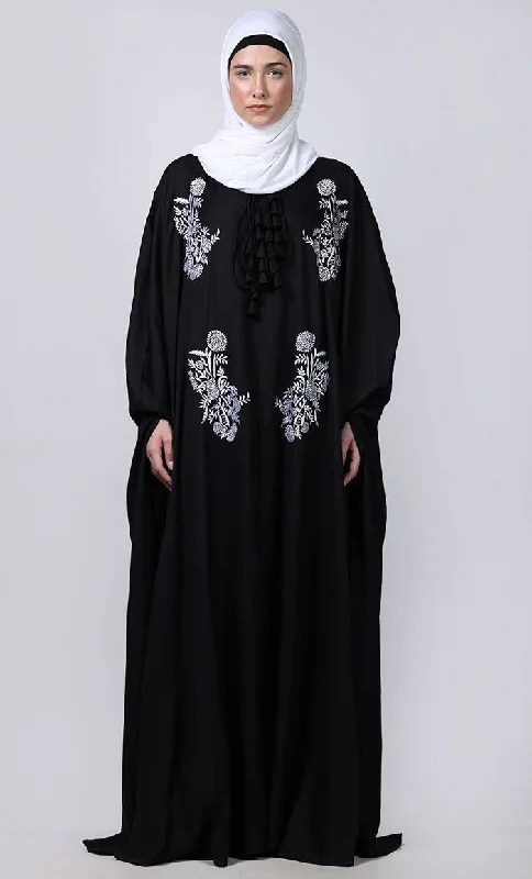 Women's black new embroidered patch work detailing Kaftan Style Abaya