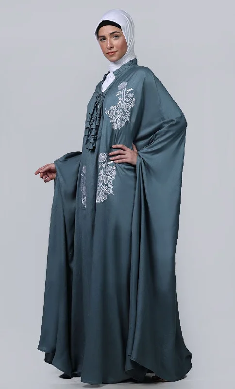 Women's  grey new embroidered patch work detailing Kaftan Style Abaya