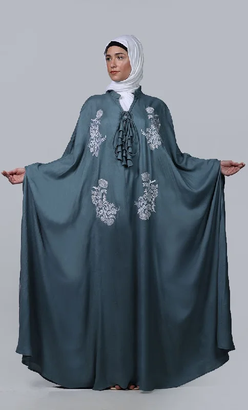 Women's  grey new embroidered patch work detailing Kaftan Style Abaya