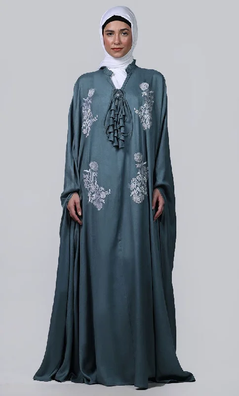 Women's  grey new embroidered patch work detailing Kaftan Style Abaya