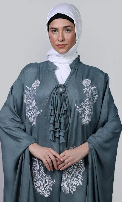 Women's  grey new embroidered patch work detailing Kaftan Style Abaya