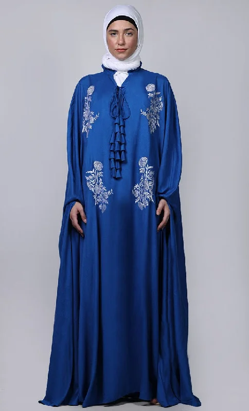 Women's blue new embroidered patch work detailing Kaftan Style Abaya