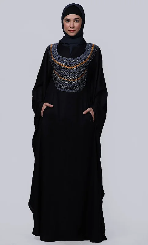 Women's Black New Embroidered Work Detailing Kaftan Style Abaya