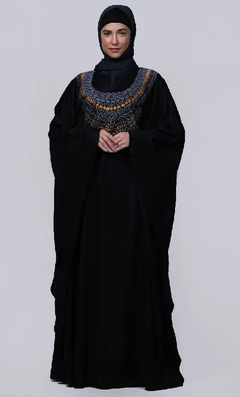 Women's Black New Embroidered Work Detailing Kaftan Style Abaya