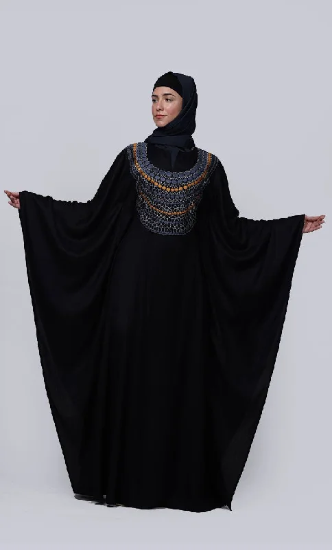 Women's Black New Embroidered Work Detailing Kaftan Style Abaya