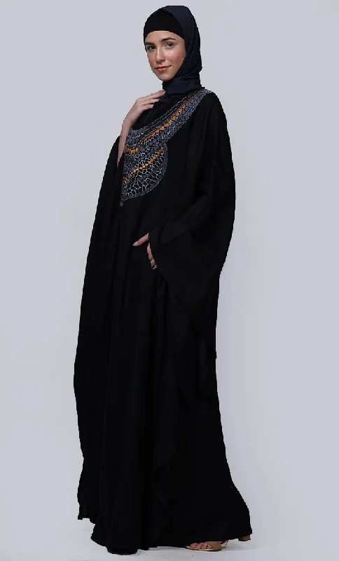 Women's Black New Embroidered Work Detailing Kaftan Style Abaya