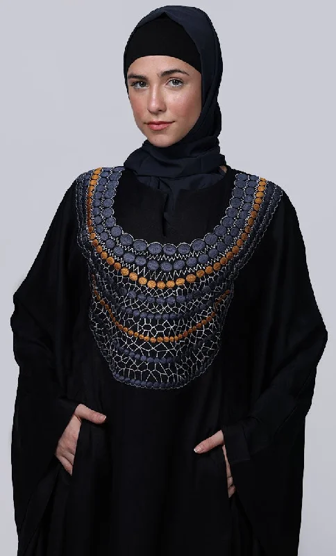 Women's Black New Embroidered Work Detailing Kaftan Style Abaya