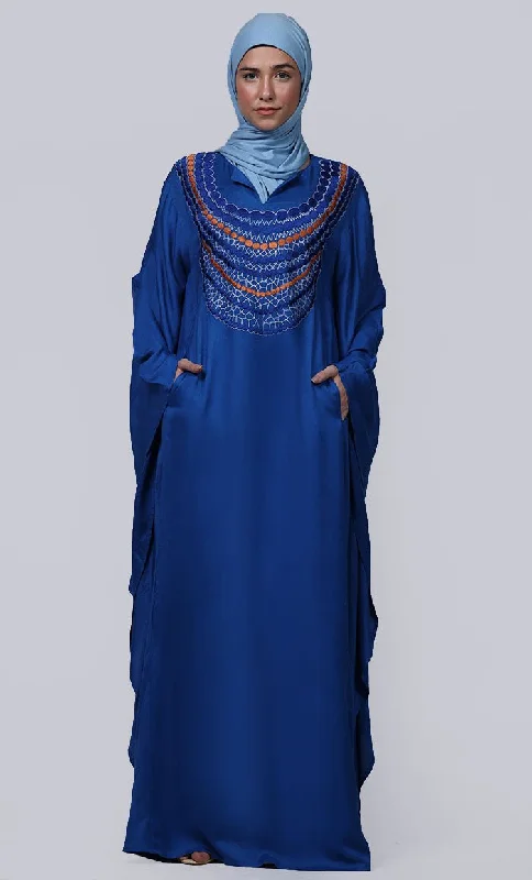 Women's Royal Blue New Embroidered Work Detailing Kaftan Style Abaya