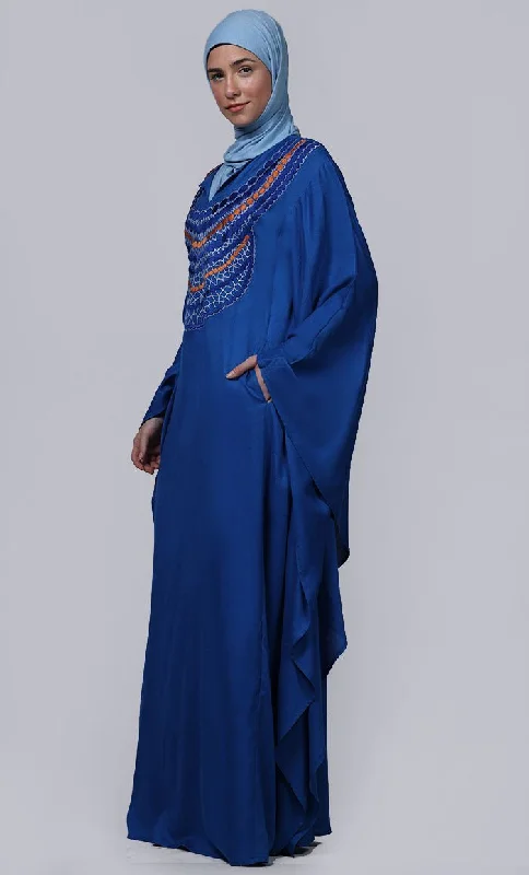 Women's Royal Blue New Embroidered Work Detailing Kaftan Style Abaya