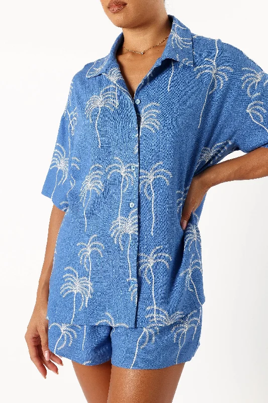 Amira Short Sleeve Shirt - Blue Palm Print